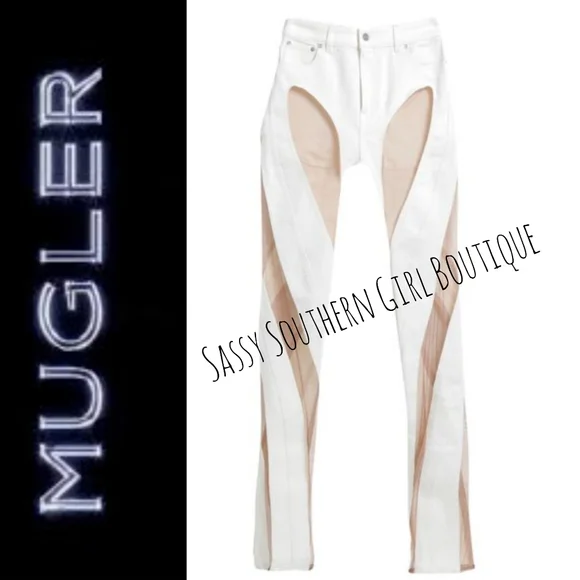 ⭐🆕MUGLER jeans ivory tan sheer panel mesh jeans